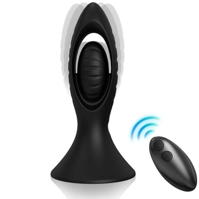 Brinquedo vibratório preto com telecomando preto e sinais de conexão