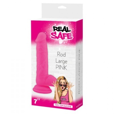 Embalagem de produto erótico rosa da marca REAL SAFE, modelo Rod Large PINK de silicone com 7 polegadas