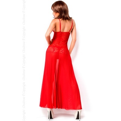 Vestido longo feminino vermelho em renda e tecido transparente com alças finas