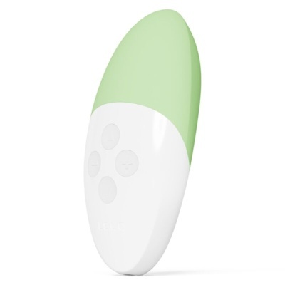 Aparelho eletrônico oval verde e branco com botões de controle e marca LELO