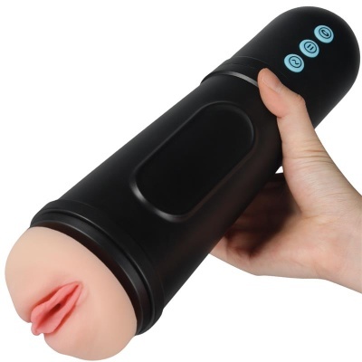 Dispositivo preto com silicone cor de pele e botões azuis