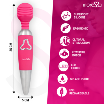 Massageador vibratório rosa com detalhes prateados e texto descritivo em fundo rosa.