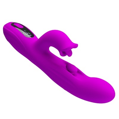 Vibrador cor-de-rosa anatómico em silicone com controlo digital e textura lisa.