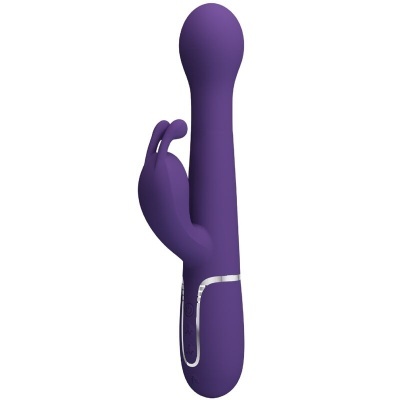 Vibrador roxo anatómico com estimulador externo e botões tácteis na base