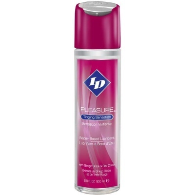 Frasco de lubrificante ID PLEASURE Tingling Sensation de 250 ml com tampa rosa e rótulo rosa e branco