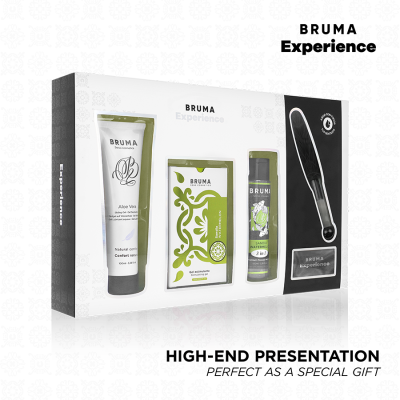Conjunto Bruma Experience com produtos cosméticos e acessório numa caixa preta e branca