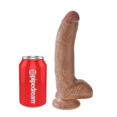Dildo castanho realista com base ventosa ao lado de lata vermelha pipedream