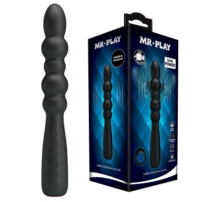 Plug anal vibratório preto com design segmentado e embalagem azul e preta