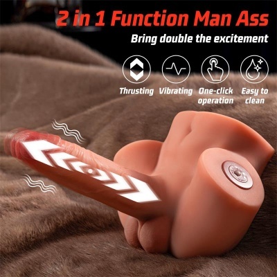 Produto erótico em silicone com função dupla e texto promocional em fundo castanho.