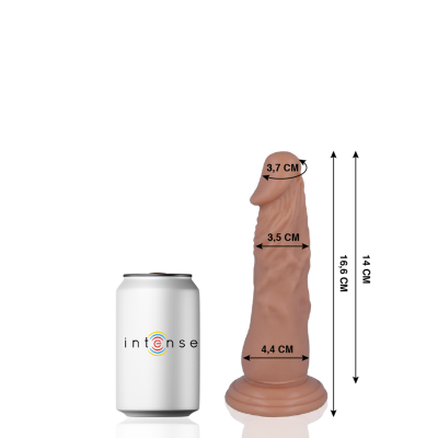 Vibrador cor de pele com medidas, ao lado de uma lata branca com o texto intense.