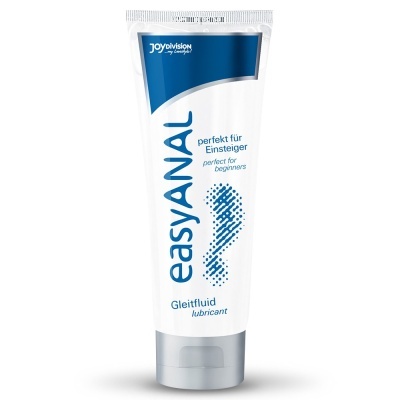 Frasco branco de lubrificante EasyAnal com detalhes em azul