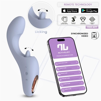Vibrador lilás com controlo remoto e app ACTIVEJOY apresentada num smartphone