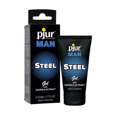 Tubo e caixa preta de gel Pjur MAN STEEL com gráficos azuis e texto branco e amarelo.