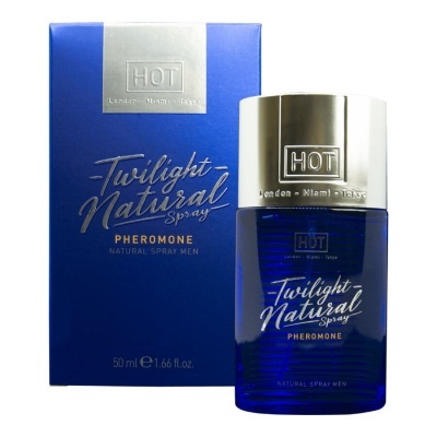 Frasco azul de perfume masculino Twilight Natural Spray Pheromone da HOT com embalagem azul.