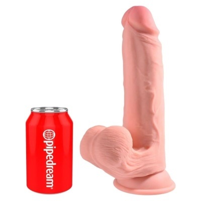 Dildo realista cor de pele com base de sucção ao lado de lata vermelha Pipedream
