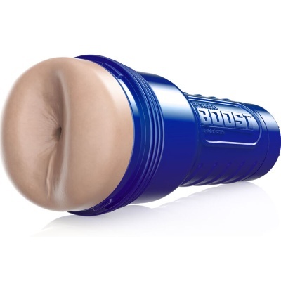Produto sexual masculino azul com interior pele bege e texto TENGA 3D BOOST PERFORMANCE.
