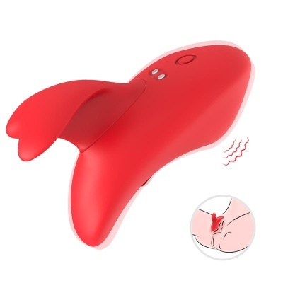 Dispositivo vibratório vermelho em silicone com botões e ilustração de uso