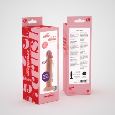 Embalagens rosa e vermelha com dildo flexível cor pele e descrições em várias línguas incluindo português