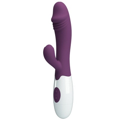 Vibrador roxo com base branca e botões roxos