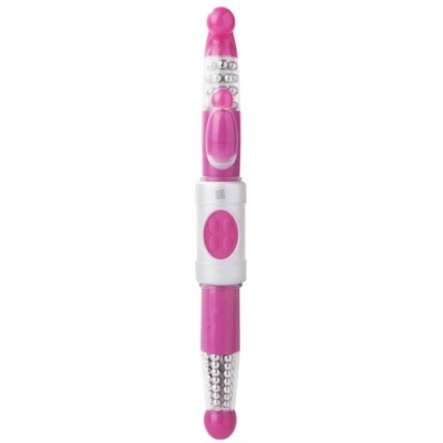 Vibrador cor-de-rosa com esferas metálicas e botão de controlo rosa