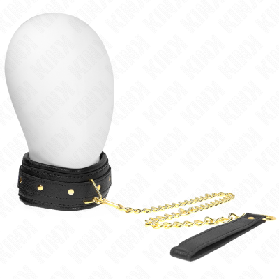 Algema de pulso couro preto com tachas douradas e corrente dourada