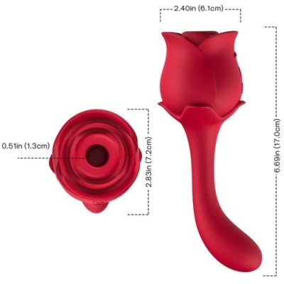 Dispositivo vermelho em formato de rosa com dimensões medidas