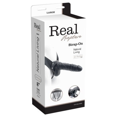 Embalagem de Strap-On Preto Real Rapture Large com cinta ajustável e textura realista