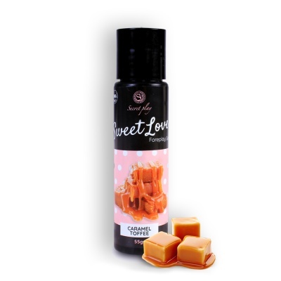 Frasco de gel para preliminares sabor caramelo toffee com rótulo rosa e caramelo
