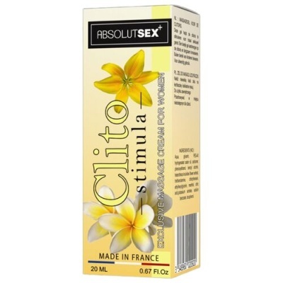 Embalagem de creme Clito Stimula para massagem, com flores amarelas e brancas