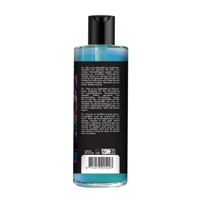 Frasco de gel lubrificante azul com tampa preta e rótulo com texto em várias línguas.