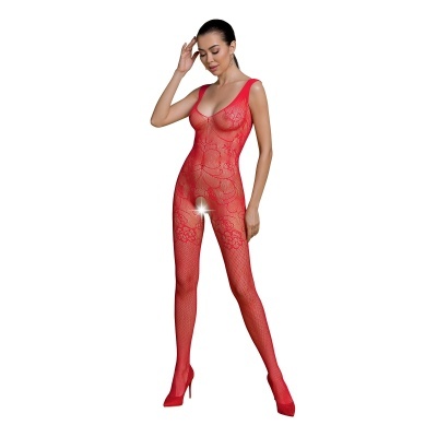 Mulher a vestir body de rede vermelho transparente com padrão floral