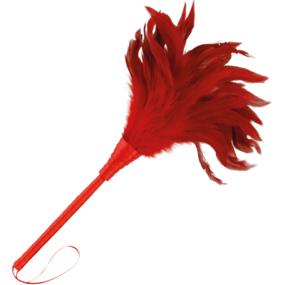 Espanador vermelho com penas e cabo decorado.