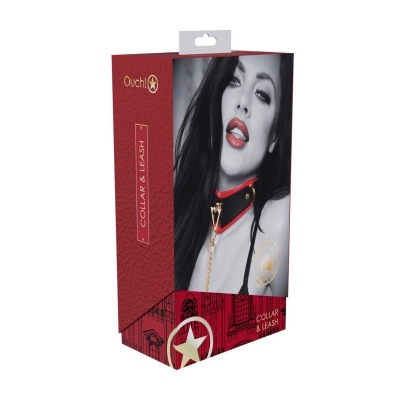 Embalagem vermelha com imagem de mulher a usar colar preto e vermelho com corrente dourada