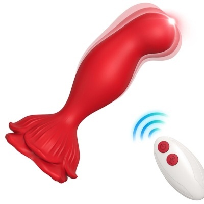 Vibrador vermelho formato cauda de peixe com controlo remoto branco