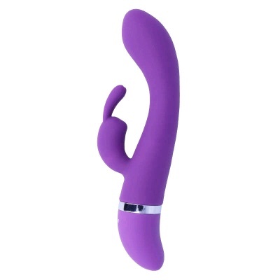 Vibrador roxo em silicone com duas extremidades curvadas e anel prateado na base