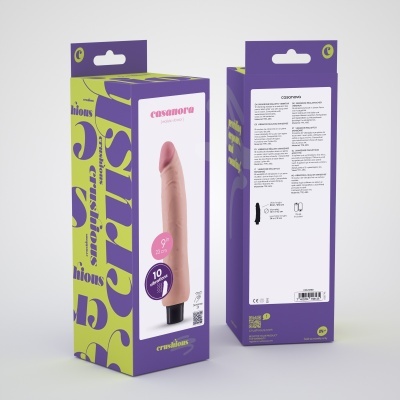 Caixa embalamento vibrador realista casanova roxo e verde com texto e código QR