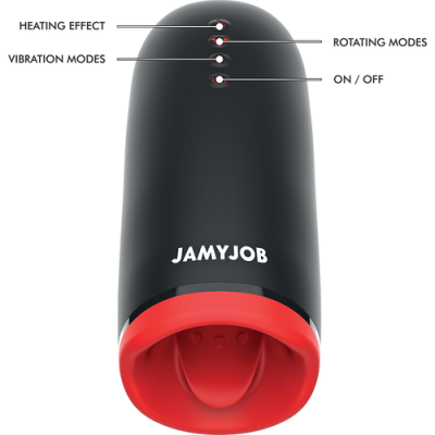 Dispositivo preto e vermelho com botões e texto Jamyjob