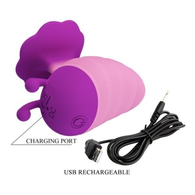 Dispositivo rosa e lilás com cabo USB preto, texto CHARGING PORT e USB RECHARGEABLE