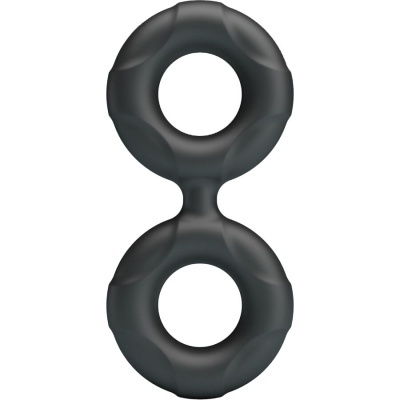 Produto preto em forma de 8 com duas aberturas circulares