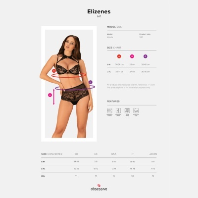 Conjunto Elizenez em renda preta com modelo vestindo e tabela de tamanhos