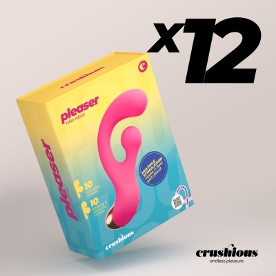 Embalagem colorida de vibrador rosa pleaser roller rabbit da marca crushious em fundo cinzento.