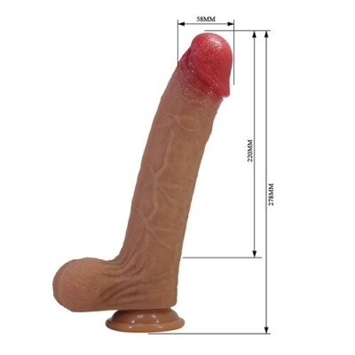 Dildo cor de pele com base ventosa e medidas indicadas.