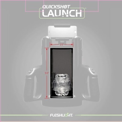 Dispositivo com alças e invólucro transparente com dimensões indicadas, texto QUICKSHOT LAUNCH e FLESHLIGHT