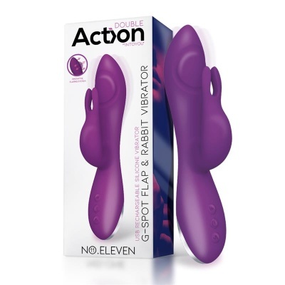 Vibrador roxo com duas pontas e embalagem com texto