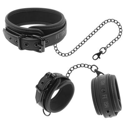 Conjunto de algemas pretas em couro com correntes e fechos