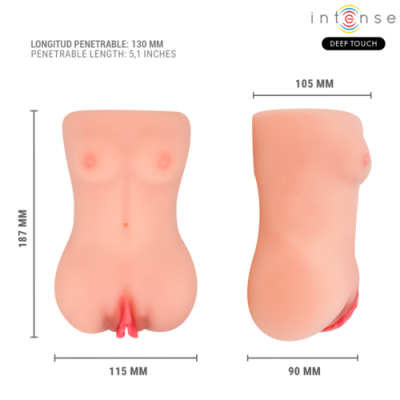 Torso artificial feminino cor de pele com dimensões e texto explicativo em fundo branco