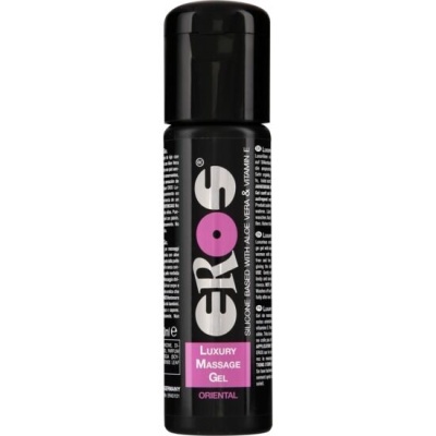 Frasco preto de EROS Luxury Massage Gel Oriental com tampa preta