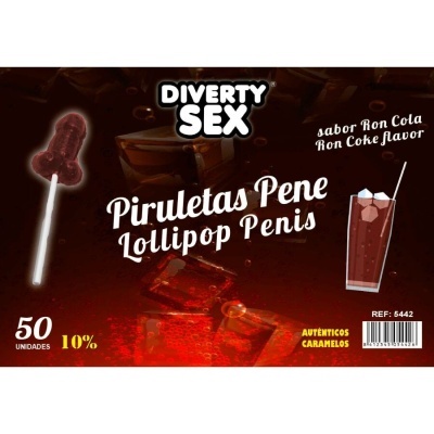 Caixa de pirulitos em forma de pénis sabor Ron Cola com imagem de copo de bebida