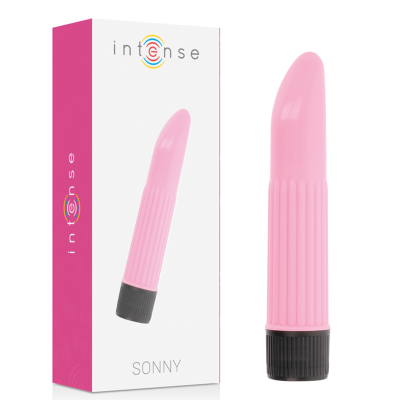 Vibrador cor-de-rosa com base preta e embalagem branca e rosa