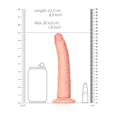 Dildo cor de pele com medidas ao lado e desenhos de lata e batom para referência